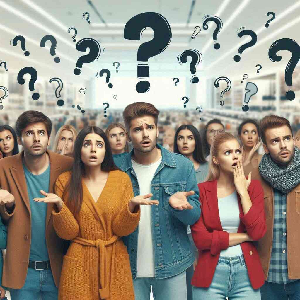 A large crowd of confused shoppers with wide eyes and open mouths, surrounded by floating question marks in a bright, modern store, the expressions ranging from puzzled to surprised, visually representing the emotional chaos, uncertainty, and intensity of flash sales and sudden opportunities.