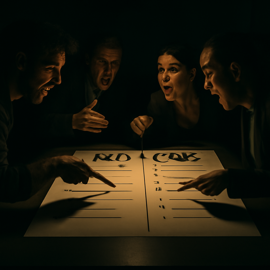 Dramatic scene of four people around a glowing comparison chart in a dark room, everyone animatedly pointing and arguing, faces lit up with heated debate and discovery, the atmosphere charged with competition, analysis, and a sense of high-stakes decision-making.