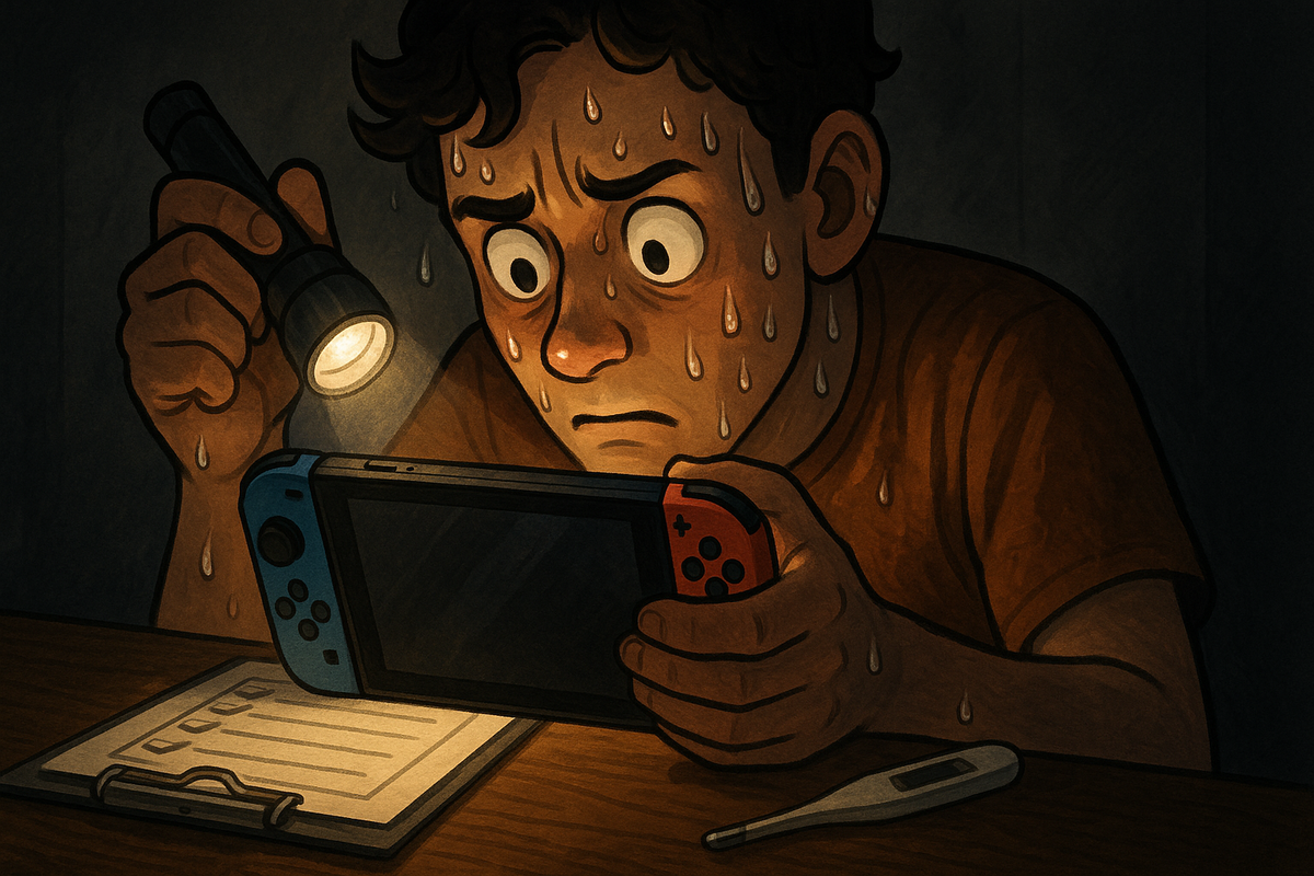 Worried boy dripping with sweat, nervously inspecting his game console with a flashlight in the dark, full of tension and fear of summer breakdown, cartoon style, 16:9
