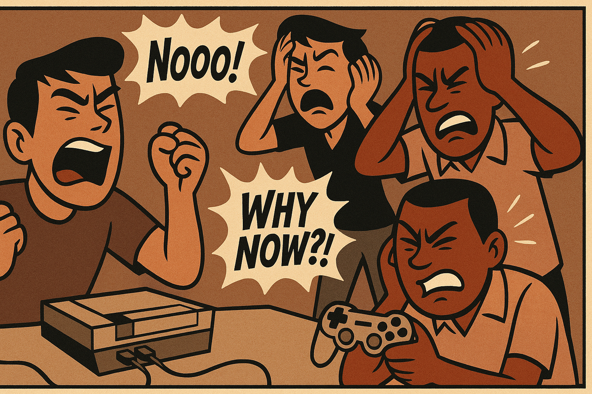 Retro comic style gamers shouting in frustration, hands on their heads, emotional chaos as their game suddenly crashes, pure desperation and disbelief, 16:9