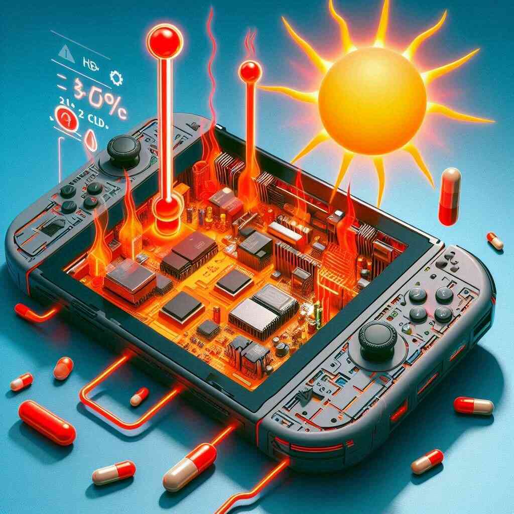 Vivid 3D illustration of a Switch console overheating under a blazing sun, heat waves and warning signs, electronic circuits glowing red, summer damage and tech drama, 16:9