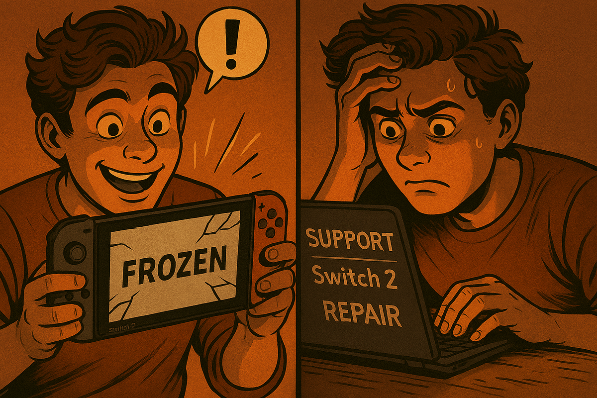 Happy gamer using a cooling fan and air conditioner with their Switch, blue cool color, relief and comfort after heat stress, summer survival vibe, digital illustration, 16:9