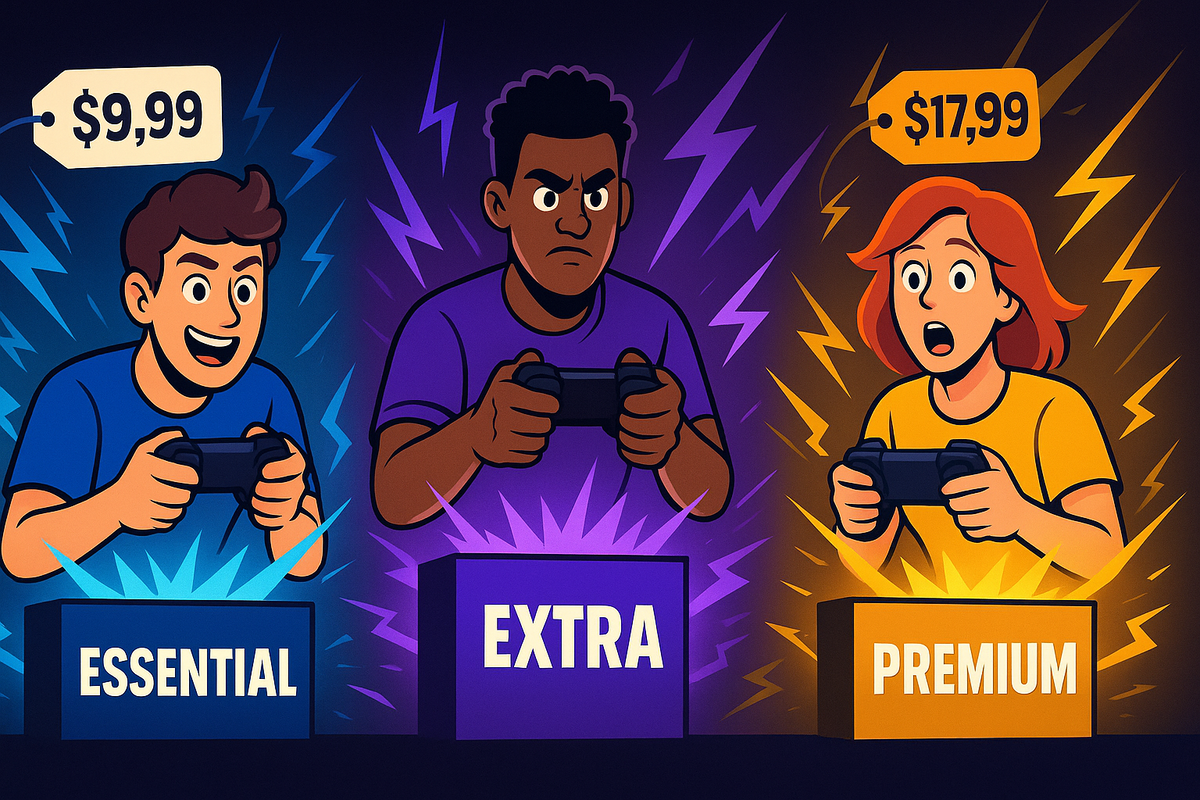 Three gamers emotionally reacting to PlayStation Plus pricing plans, excitement and surprise as they compare Essential, Extra, and Premium options, energetic graphic lightning background, 16:9