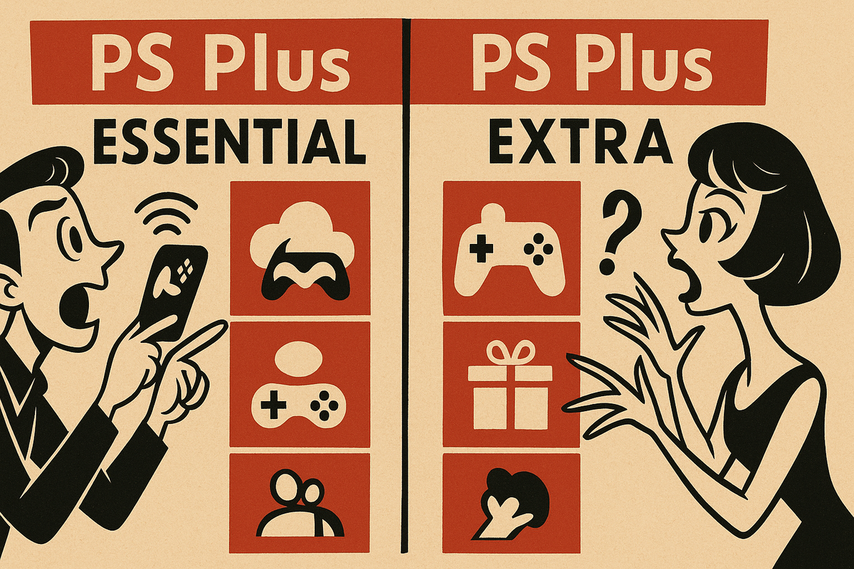 Dramatic comic-style face-off of two people comparing PS Plus Essential and Extra, bold icons for cloud, multiplayer, and gifts, shocked and animated expressions, vintage color, 16:9