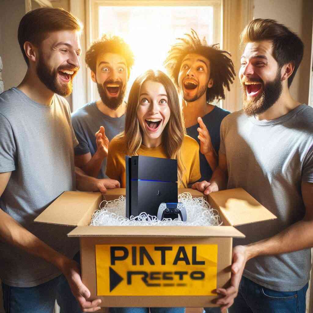 Group of friends overjoyed and thrilled as they unbox a PS5 console from a subscription rental, sunlight streaming in, pure excitement and surprise, celebration moment, 16:9