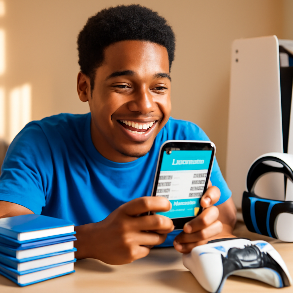 Smiling gamer cheerfully calculating monthly gaming budget on smartphone, surrounded by PS5 accessories and books, relaxed home vibe, satisfied and optimistic feeling, 16:9