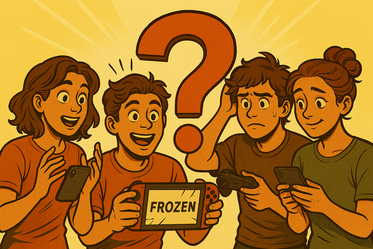 Curious group of gamers with wide emotional range discussing PS5 subscription questions, big question mark above, animated and expressive faces, hopeful and puzzled, 16:9