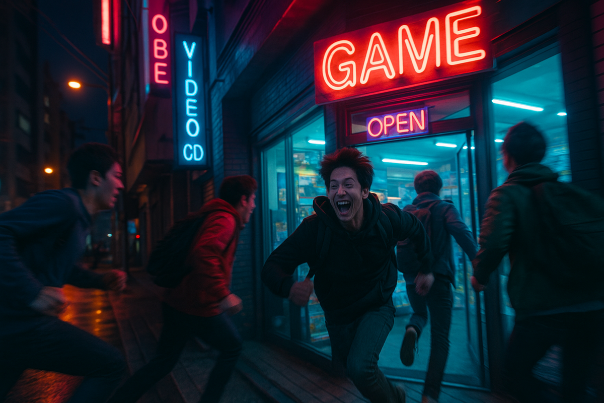 Thrilled gamers sprinting toward a neon-lit game store in Kobe at night, electrifying energy and adrenaline-fueled rush