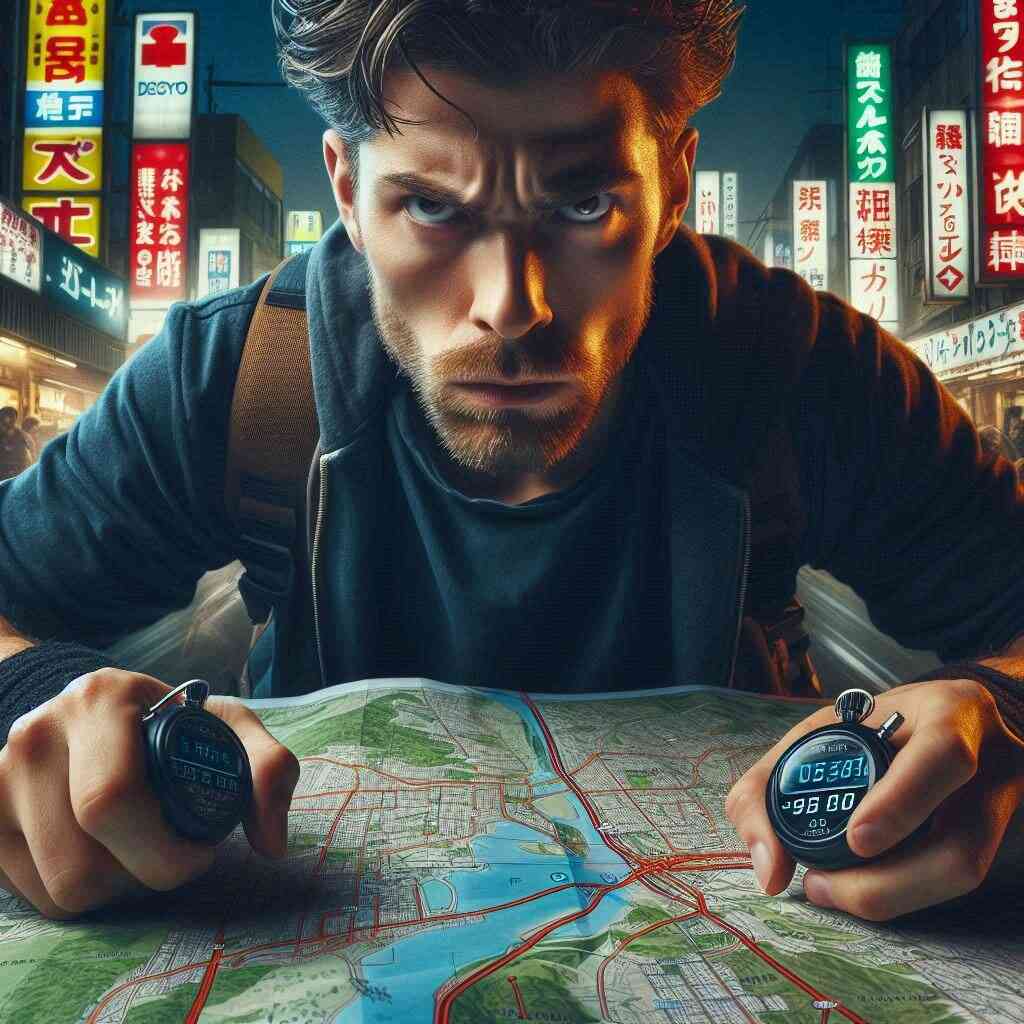 Focused strategist gripping a city map and stopwatch under Kobe’s neon lights, intense determination and tactical mindset