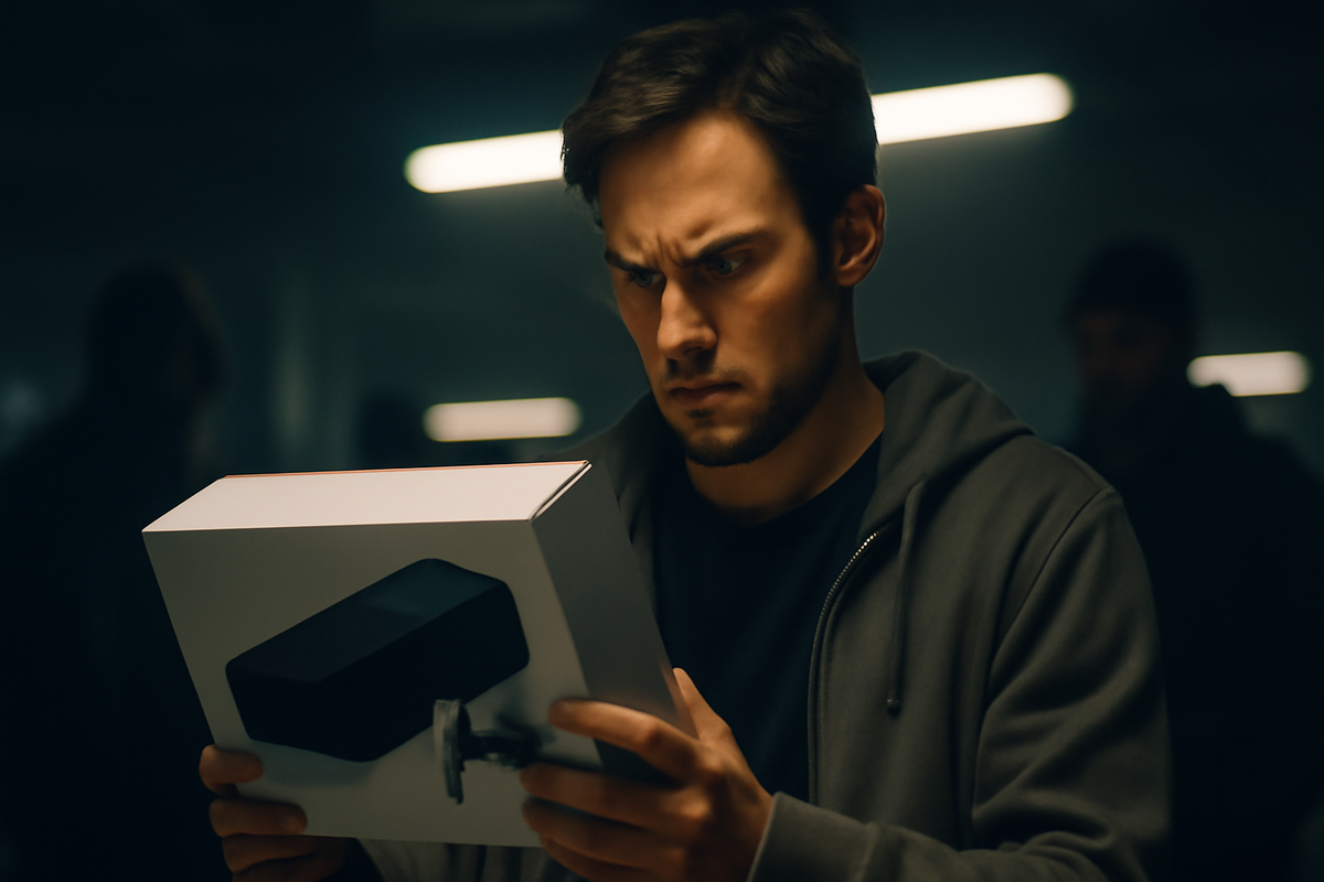 Cautious shopper inspecting a game console box under bright light, deep focus and protective instinct against scams