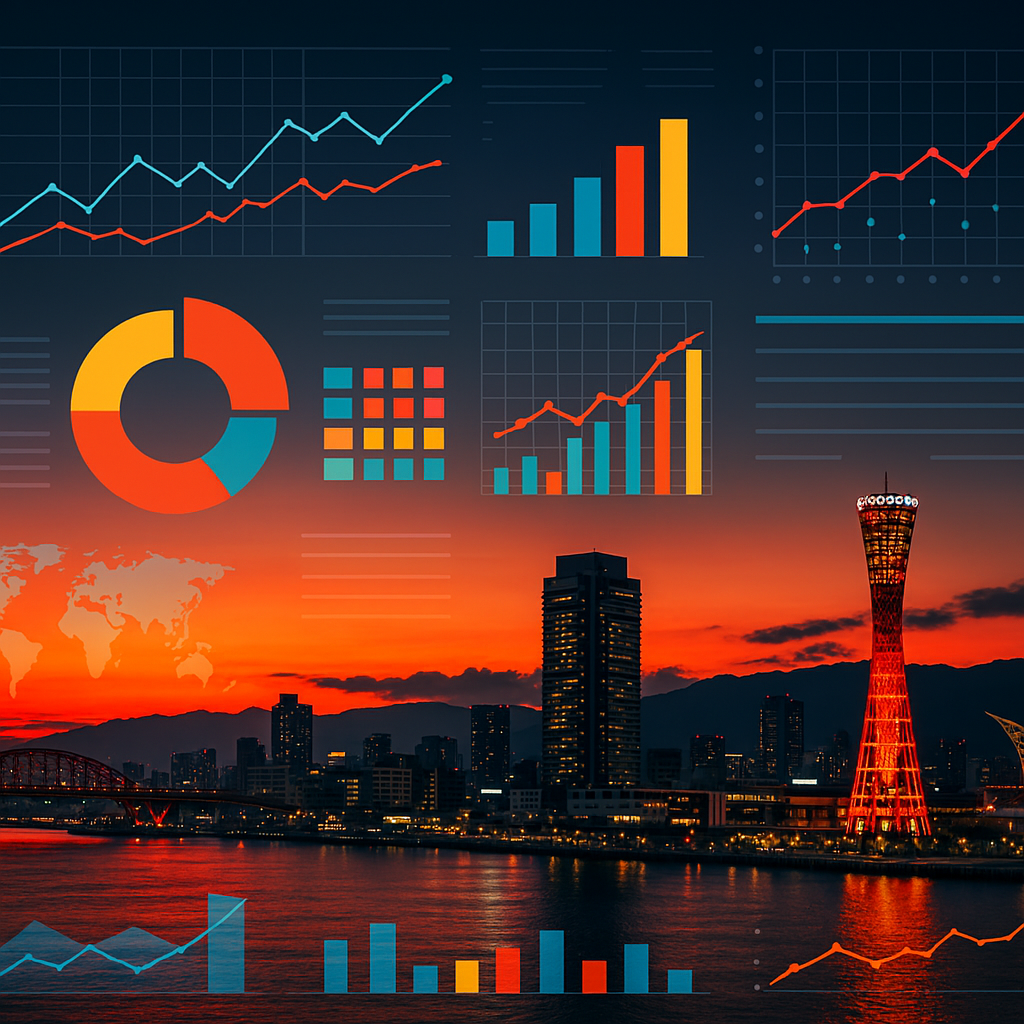 Vivid data charts overlaying the glowing Kobe city skyline at sunset, vibrant analysis and strategic insight