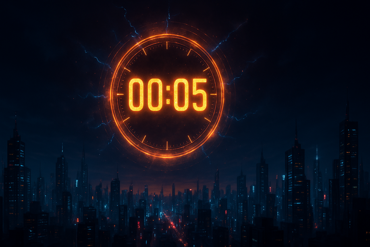 Glowing countdown clock over a futuristic city skyline at night, electric anticipation and unstoppable momentum building toward launch