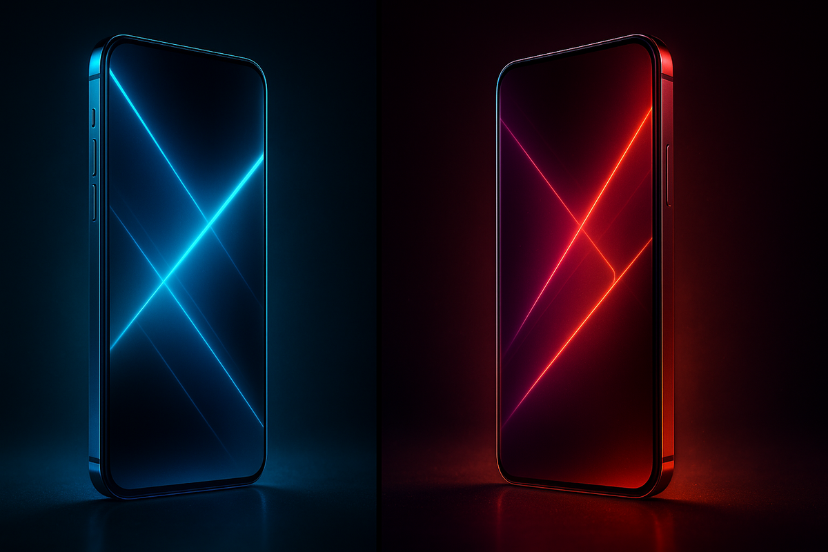 Two futuristic smartphones glowing in blue and red light, side-by-side in dramatic contrast, symbolizing innovation and fierce comparison