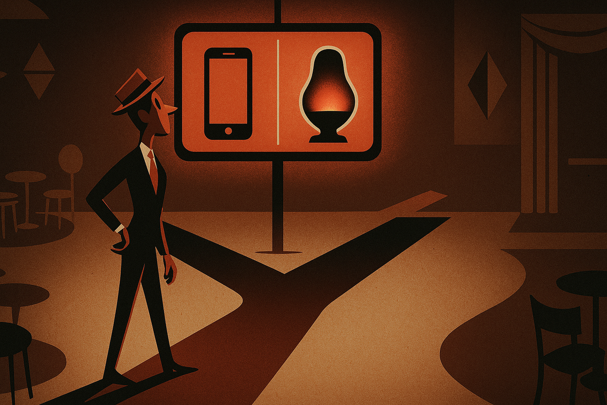 Stylized man standing at a crossroads, illuminated billboard showing a phone and another object, evoking the tension of a life-changing choice