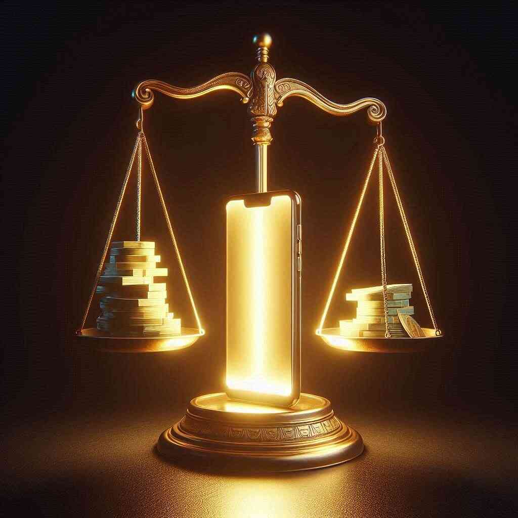 Golden scales balancing stacks of coins against a glowing smartphone, radiating the drama of value and the allure of cutting-edge technology