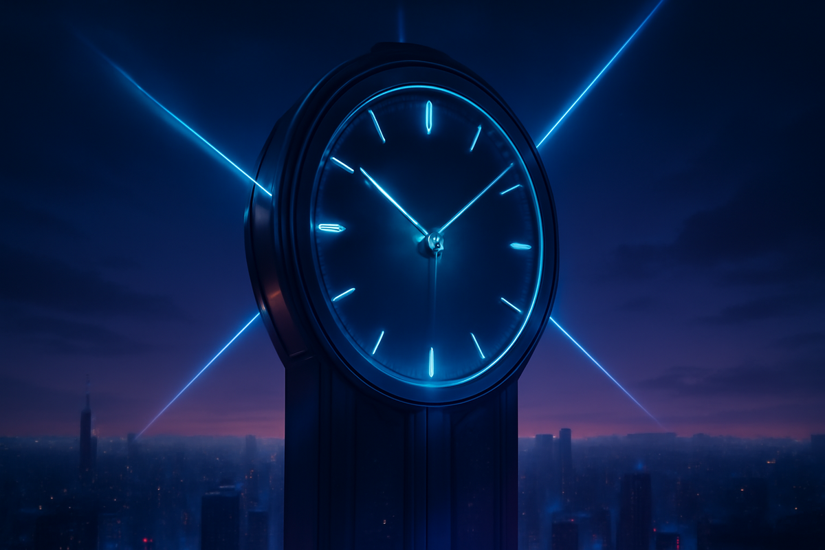 Futuristic glowing clock towering over a city at dusk, beams of light marking the perfect moment, filled with precision and anticipation