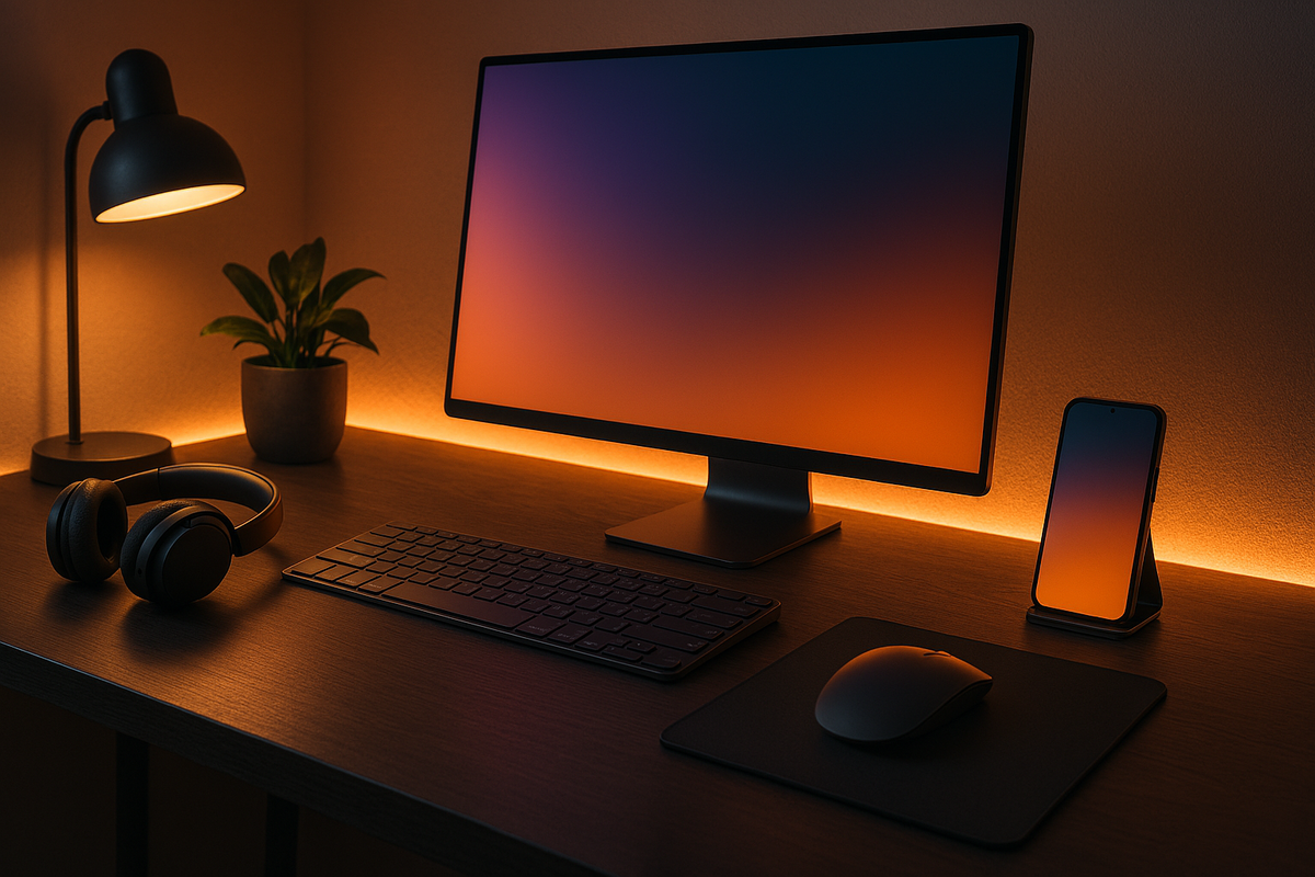 Minimalist desk setup with glowing ambient light, sleek wireless gadgets, and a serene atmosphere that inspires creativity and focus