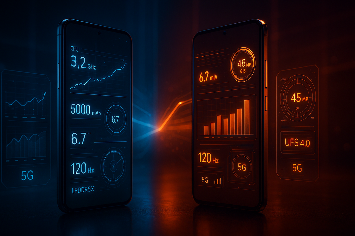 Two futuristic smartphones displaying glowing holographic performance stats in blue and orange, capturing the thrill of a high-tech comparison