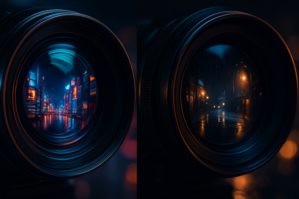 Close-up of dual camera lenses reflecting vibrant city lights and rainy streets, evoking the artistry and precision of modern photography