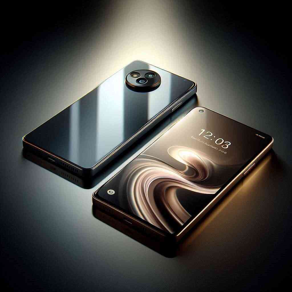 Two sleek smartphones on a reflective surface under a spotlight, radiating elegance, premium design, and futuristic craftsmanship