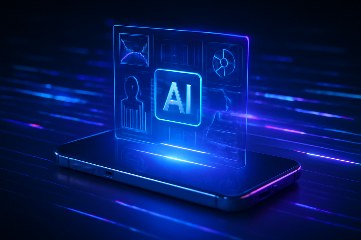 A smartphone projecting a glowing holographic AI interface, streams of light racing through the darkness, representing cutting-edge innovation