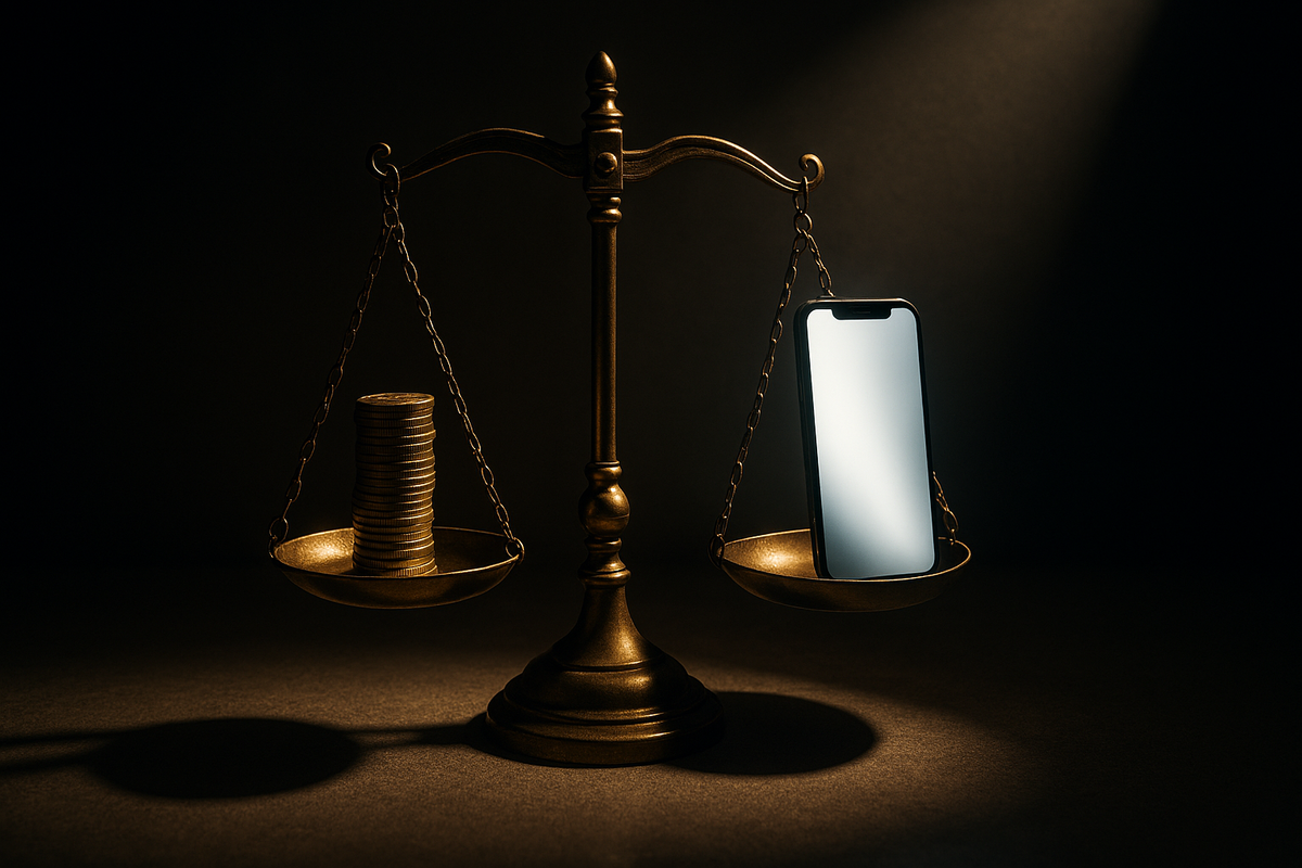 Golden scales balancing a glowing smartphone and stacks of coins, illuminated by a spotlight, embodying value, cost, and decision-making