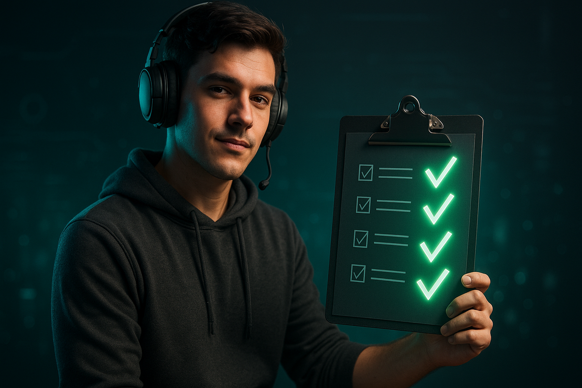 Confident man wearing a headset holding a glowing checklist, symbolizing readiness, determination, and flawless preparation