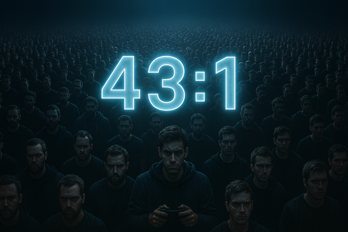 Massive crowd of identical men in dark hoodies with one gamer in focus, glowing odds ratio 43:1 above, capturing tension and fierce competition