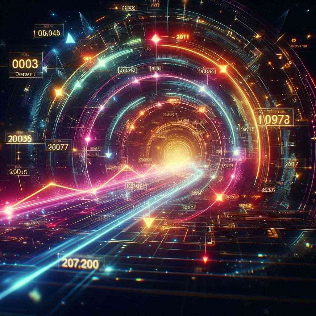 Vibrant tunnel of glowing numbers and neon data streams racing toward a bright light, representing unstoppable momentum and high-stakes predictions
