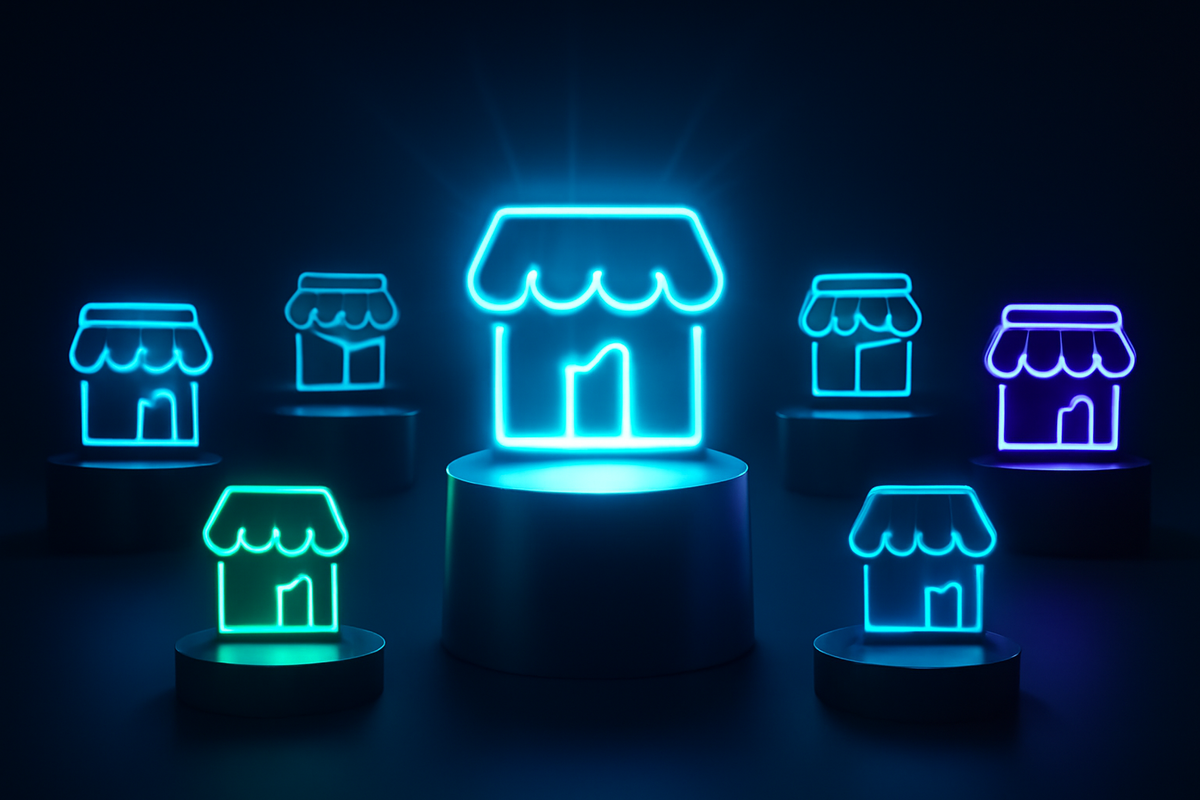 Multiple glowing neon store icons on podiums, one elevated in the center, radiating dominance, choice, and marketplace victory
