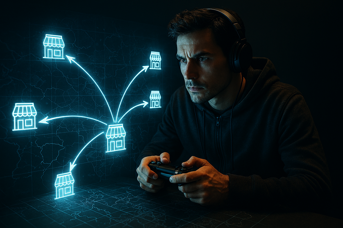 Focused gamer surrounded by glowing digital store icons connected with arrows, representing strategic planning and intense competitive targeting