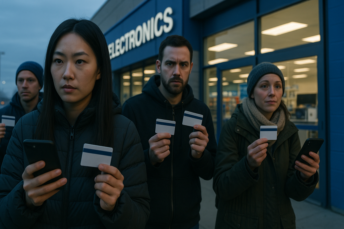 Determined shoppers holding membership cards outside electronics store, ready for exclusive purchase
