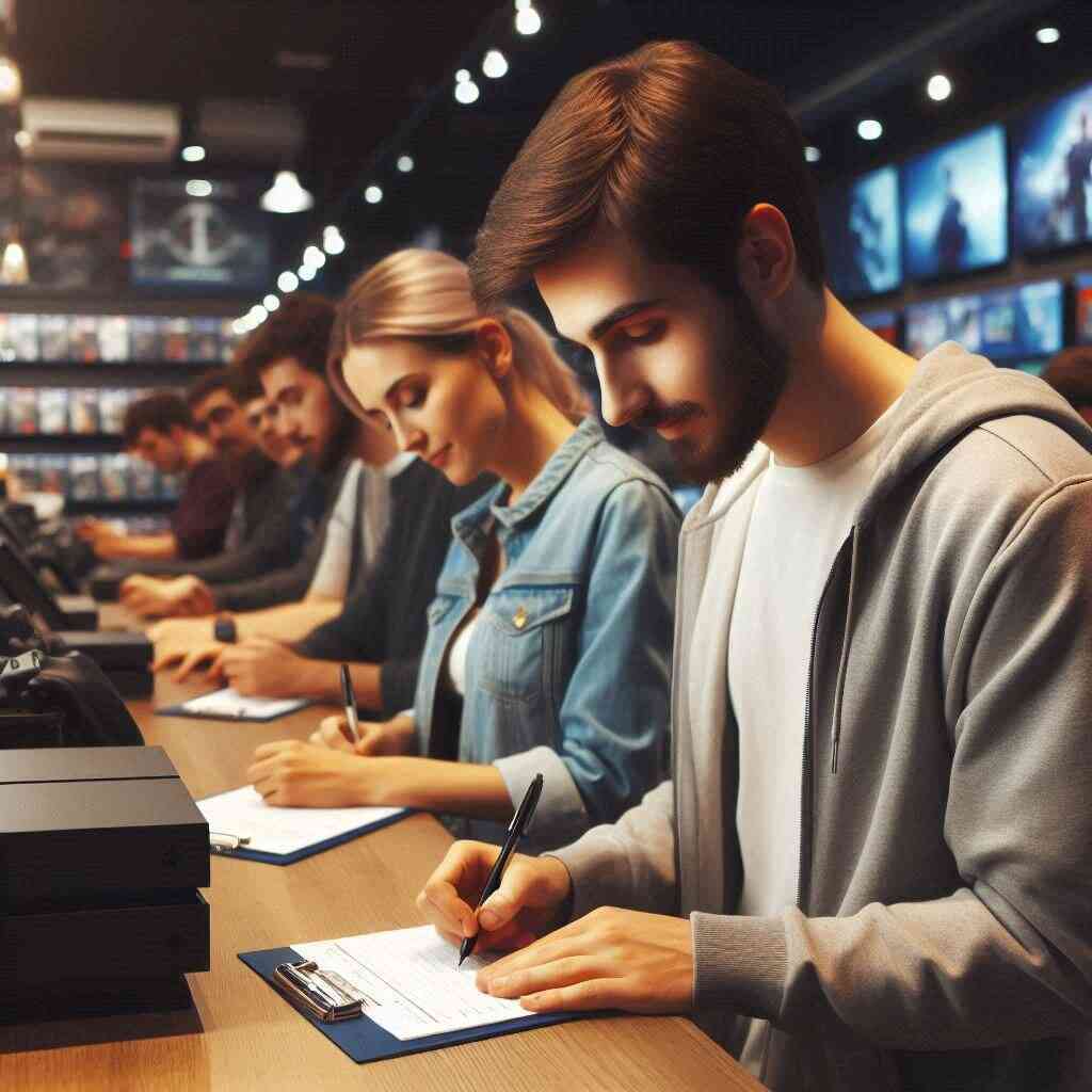 Focused customers filling out purchase forms inside gaming store, eager anticipation in the air