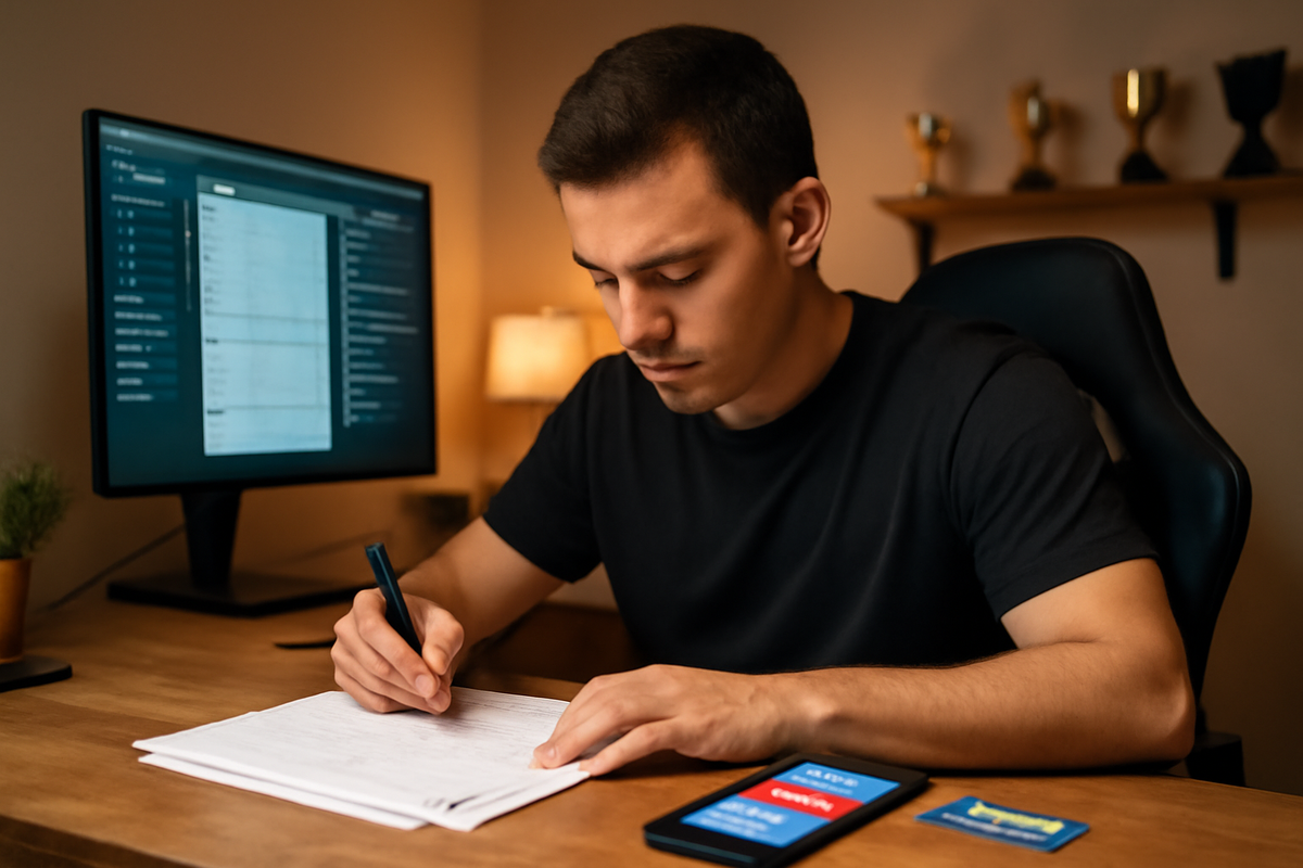 Serious gamer completing membership paperwork at desk, preparing for big console release