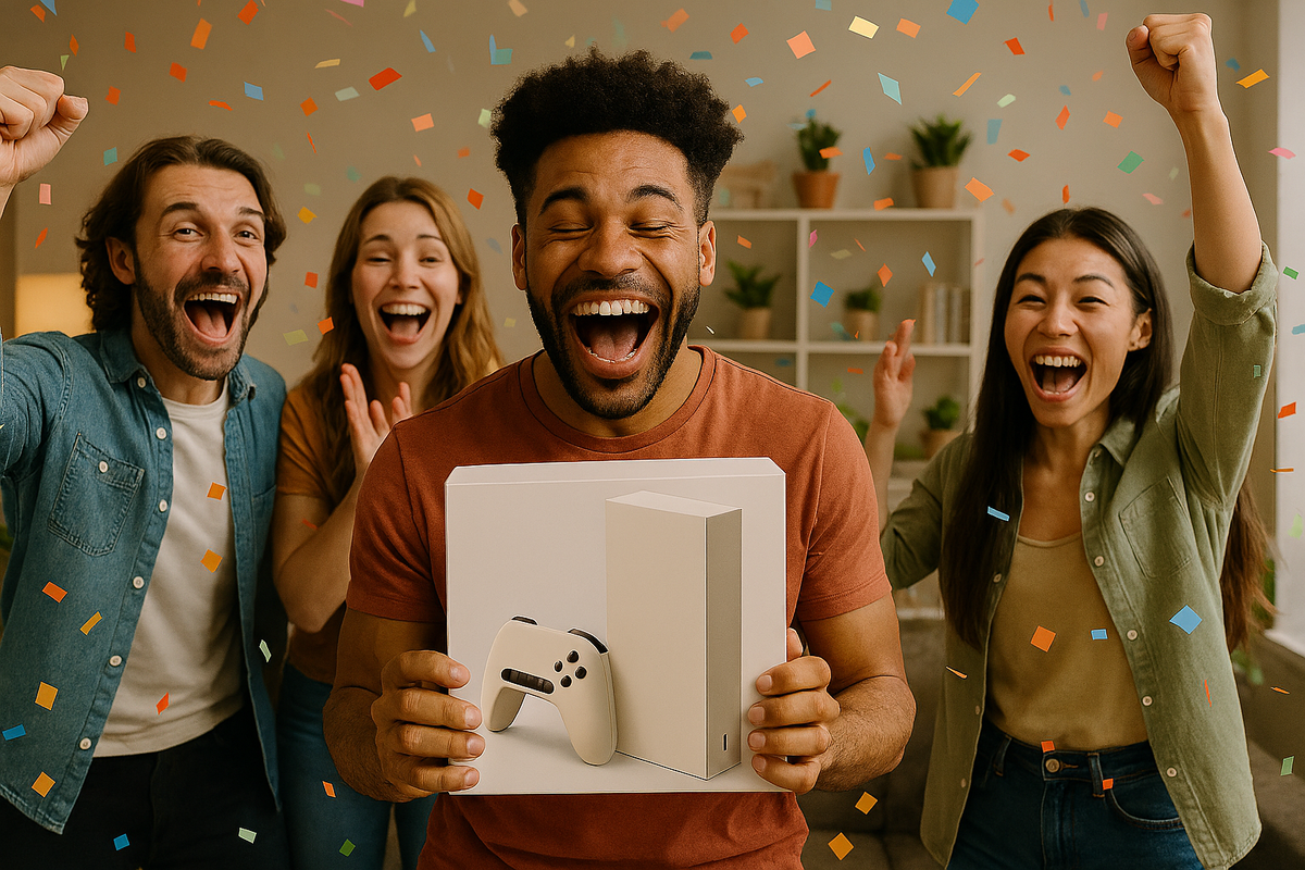 Ecstatic gamer holding brand new console surrounded by cheering friends and falling confetti