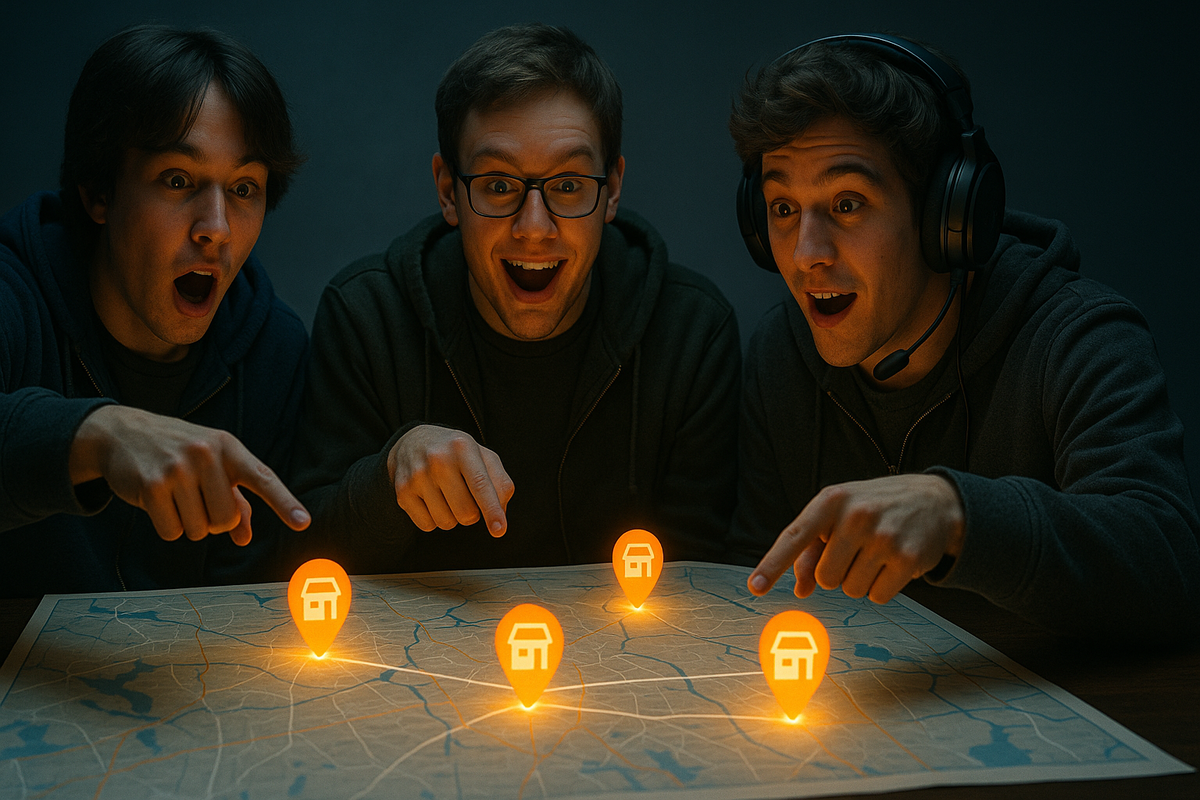 Three excited friends pointing at glowing store locations on a map, eyes wide with anticipation and joy