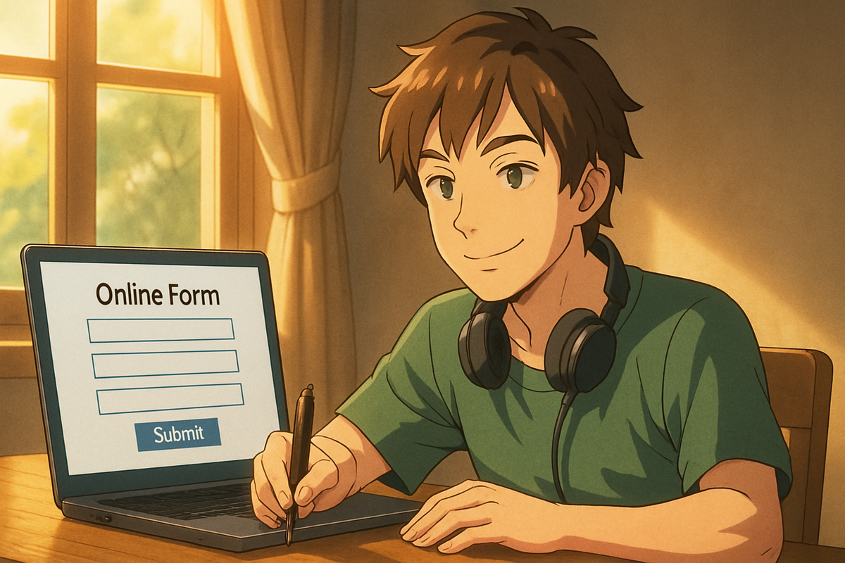 Anime-style happy gamer filling out an online form on a laptop, sunlight streaming through the window with a sense of hope