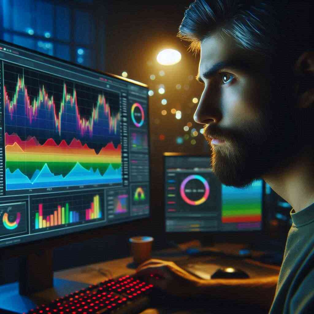 Focused man analyzing vibrant market-style charts on multiple monitors in a dark room, eyes locked with determination