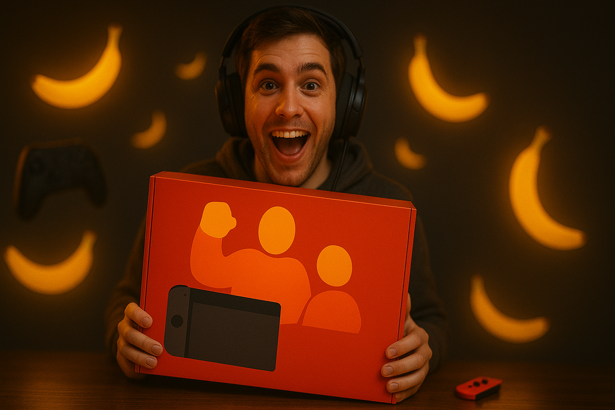 Overjoyed gamer wearing headphones holding a bright red game console box, surrounded by glowing banana icons, radiating pure excitement and triumph after securing a rare gaming bundle