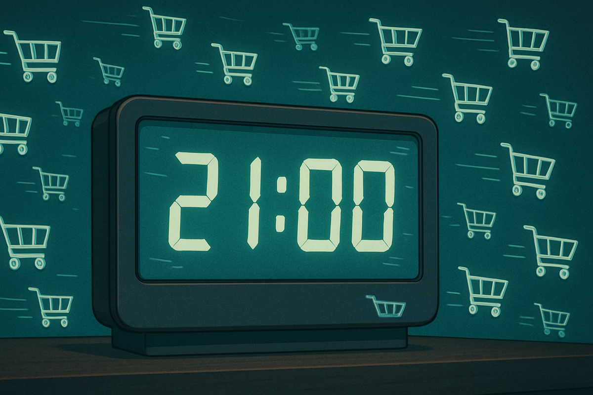 Digital clock displaying 21:00 surrounded by speeding shopping cart icons, symbolizing the thrilling rush of a perfectly timed online gaming restock event