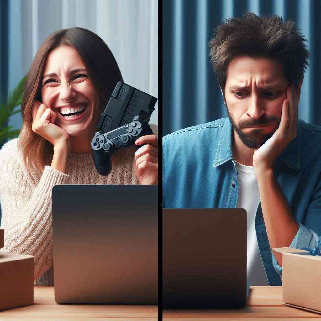 Split-screen of a laughing gamer proudly holding a newly arrived console and a disappointed gamer staring at their laptop, vividly capturing the emotional highs and lows of gaming restock battles