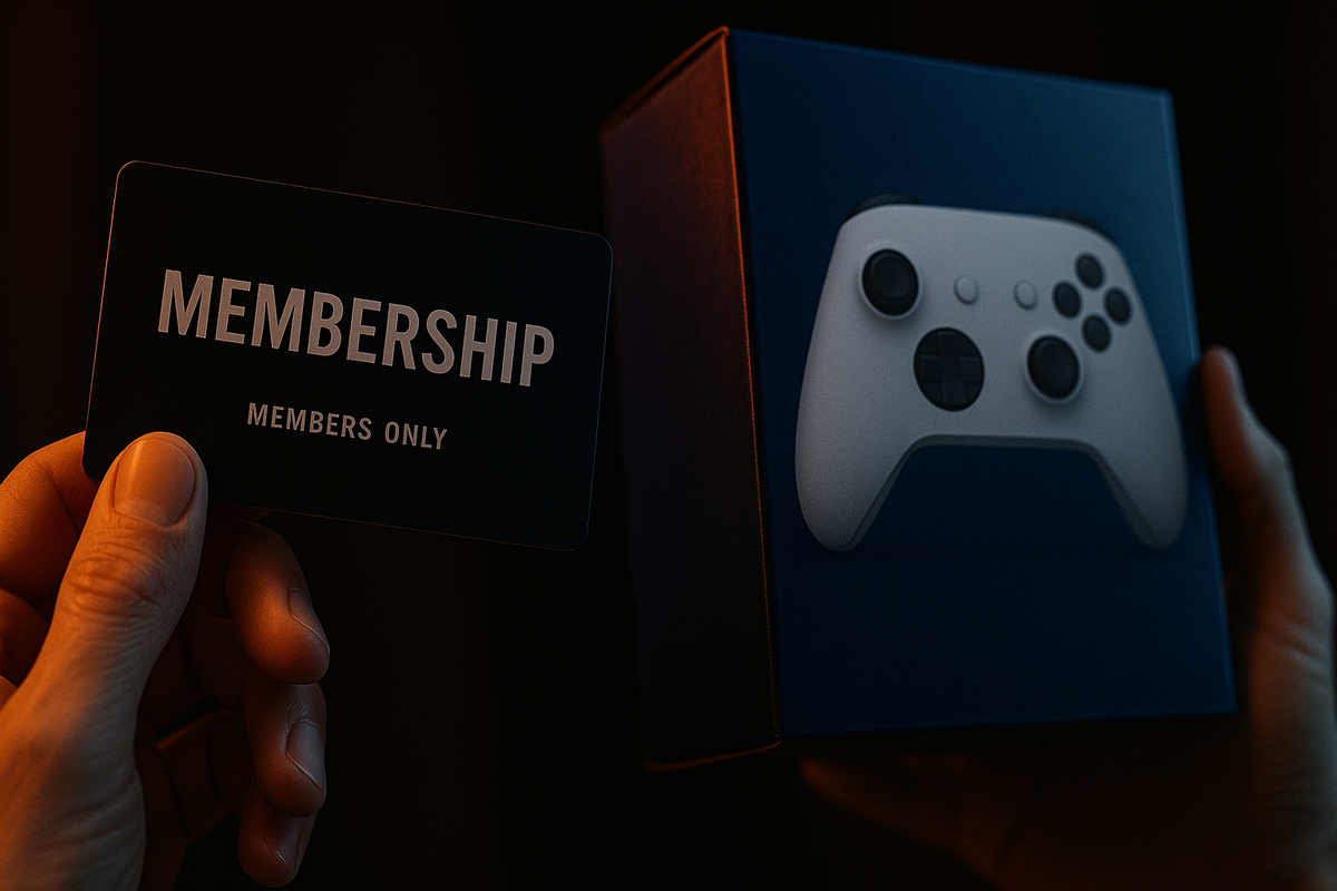 Close-up of a membership card and sleek gaming controller box, bathed in dramatic light, evoking exclusivity and the thrill of belonging