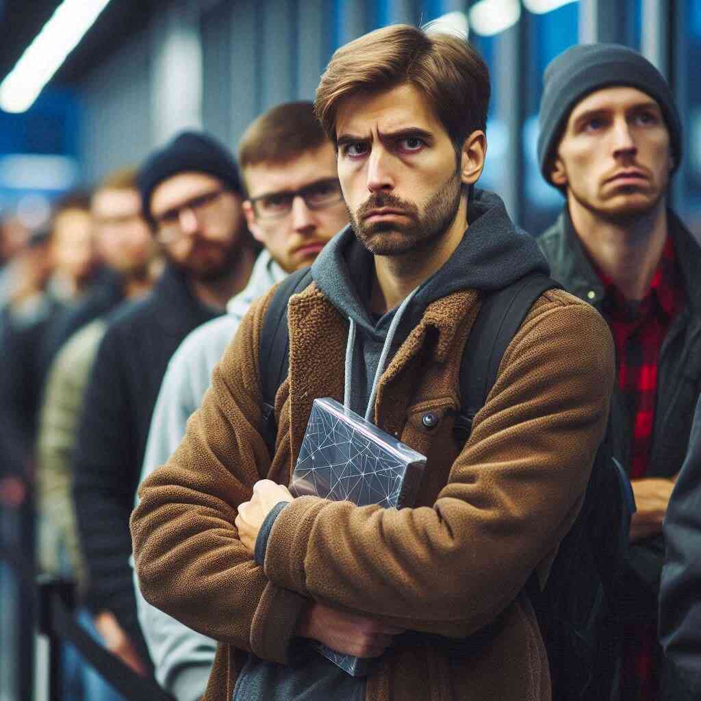 Determined shoppers standing in a tense queue, clutching their game boxes, eyes filled with focus and anticipation