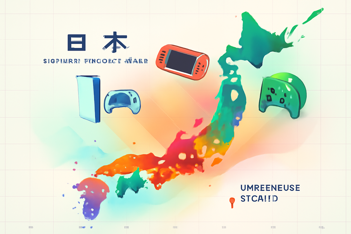 Vibrant illustrated map of Japan with gaming consoles floating above, symbolizing a nationwide treasure hunt for the ultimate gaming prize