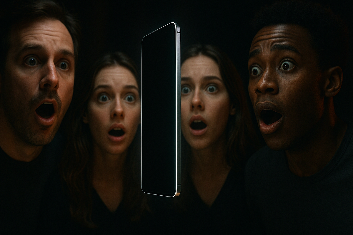 Group of people with wide-eyed shock and awe, faces lit dramatically by the glow of a mysterious new smartphone, capturing pure wonder and anticipation
