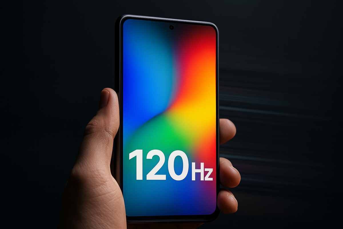 Vibrant close-up of a smartphone display showing 120Hz in bold, radiating speed and smoothness, symbolizing adrenaline-pumping performance