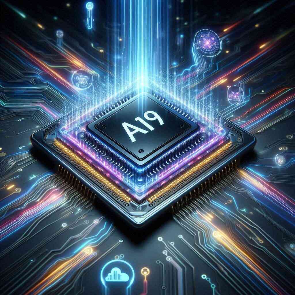 Futuristic glowing A19 chip surrounded by streams of neon light, representing unstoppable processing power and next-level AI intelligence