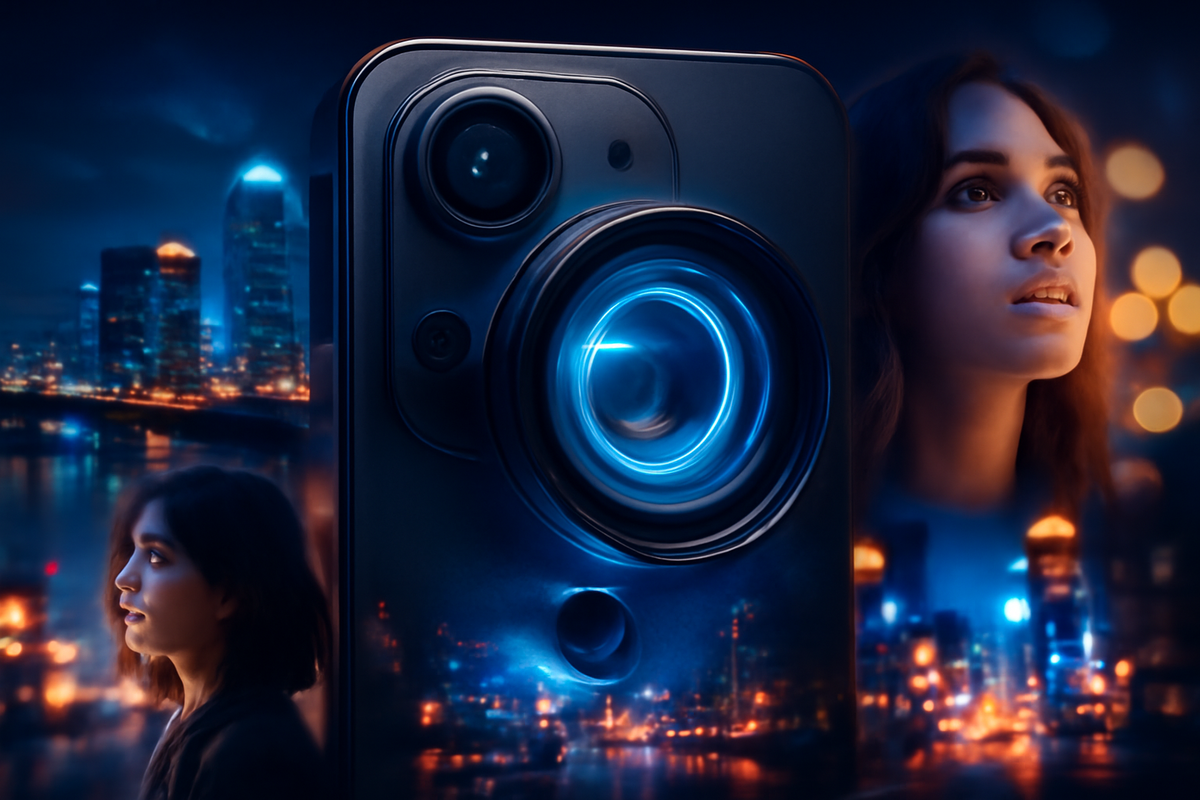 Cinematic smartphone camera close-up at night, lens glowing with electric blue energy, alongside amazed expressions, evoking passion for photography