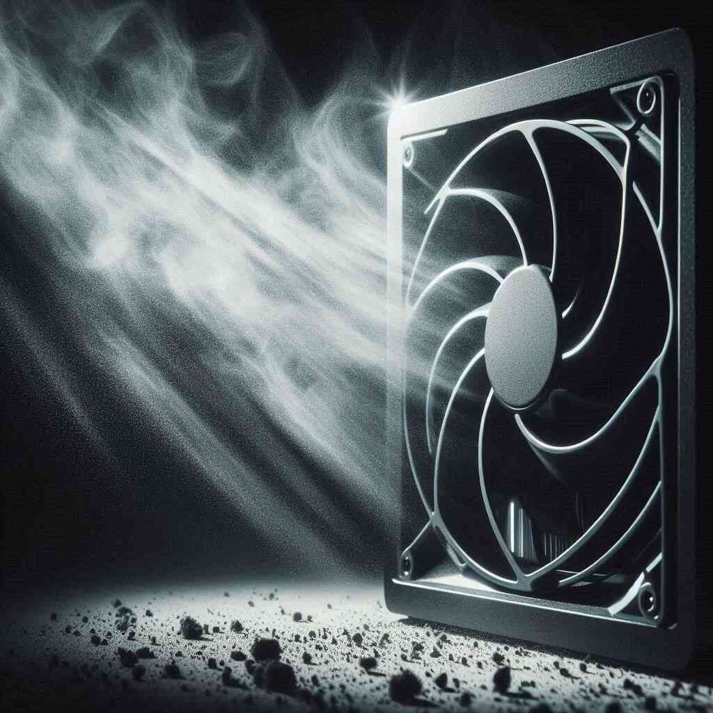 Cooling fan surrounded by swirling dust illuminated dramatically, conveying urgency and the breath of fresh life for electronics