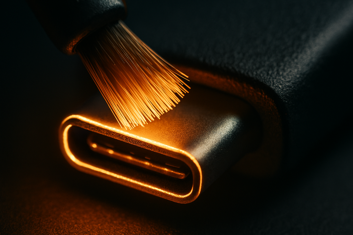 Brush cleaning a USB-C port bathed in warm golden light, symbolizing delicate attention and the joy of keeping tech pristine